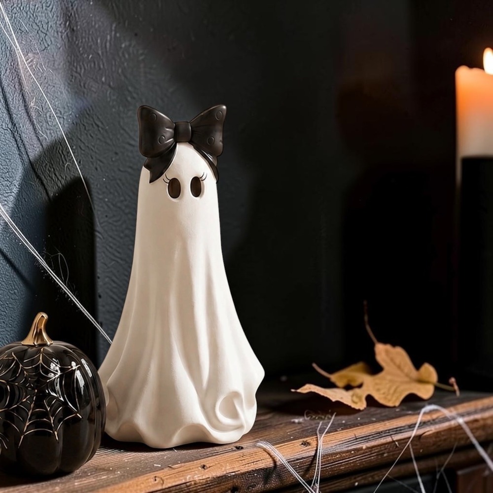 My Texas House 20 Inch Ghost Decor Figurine with Black Bow Halloween Decoration